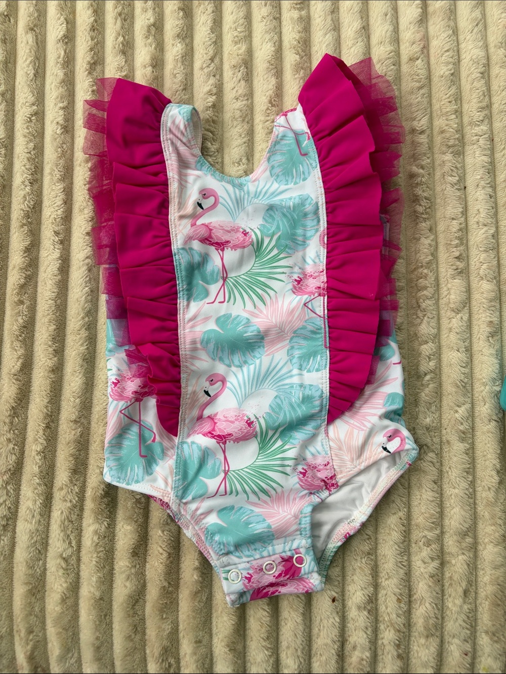 🚨Stichy Fish🚨Kids One-Piece Swimsuit with Pink Flamingo Ruffle Detail